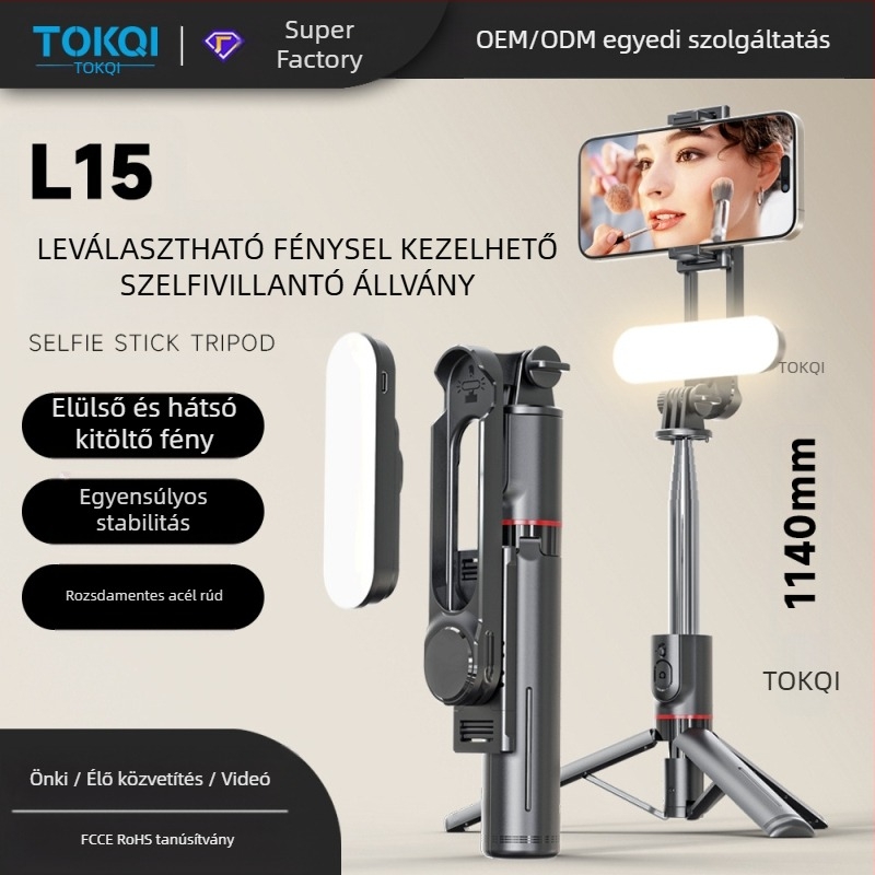 L15 Levehető szépségfényes selfie pálca, rozsdamentes acélból, kinyitható állvánnyal, Bluetooth távirányítóval okostelefonokhoz