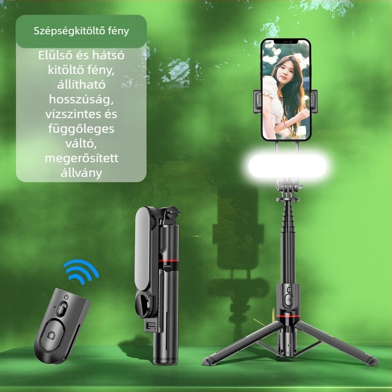 L15 Levehető szépségfényes selfie pálca, rozsdamentes acélból, kinyitható állvánnyal, Bluetooth távirányítóval okostelefonokhoz