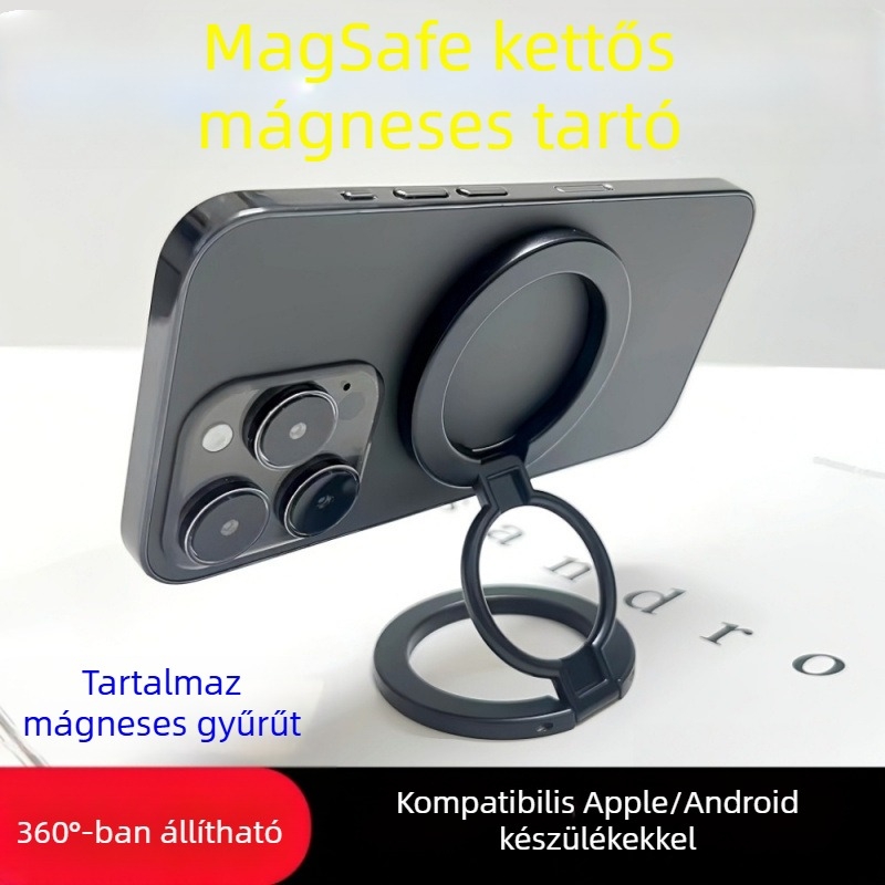 Autós telefontartó MagSafe-kompatibilis, kétoldalú mágneses gyűrű, fém, univerzális