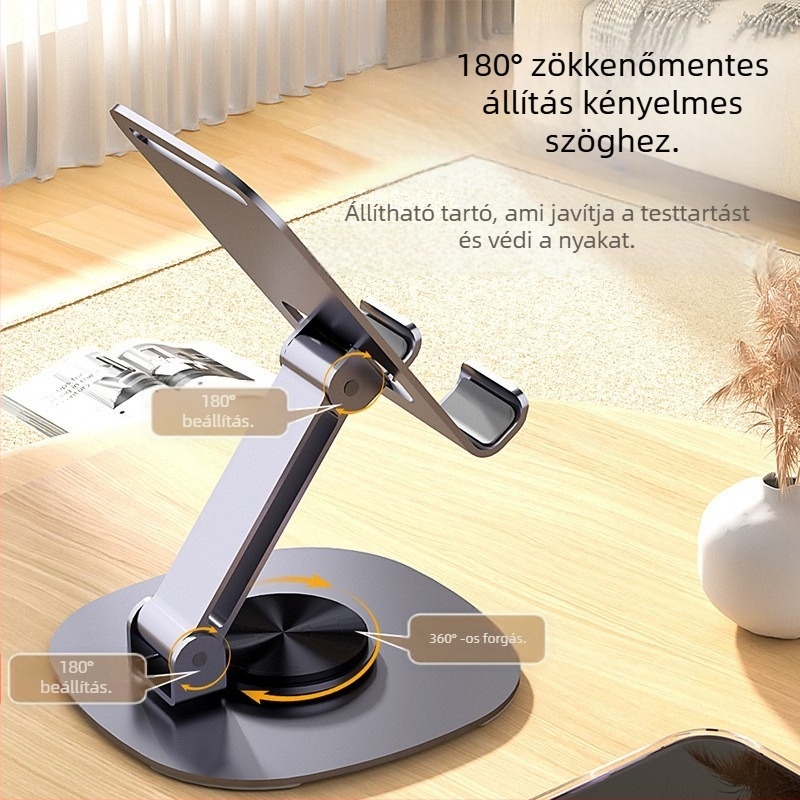 Asztali mobilttelefon-tartó, ötvözetből, 360°-os forgás, hordozható és összecsukható