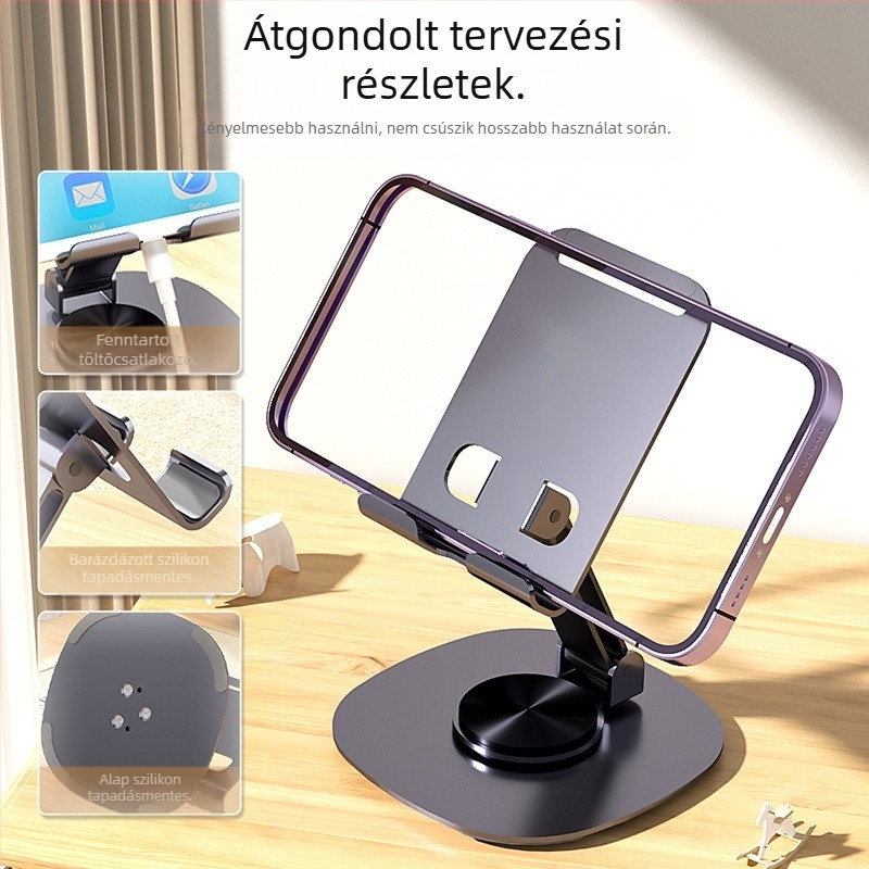 Asztali mobilttelefon-tartó, ötvözetből, 360°-os forgás, hordozható és összecsukható