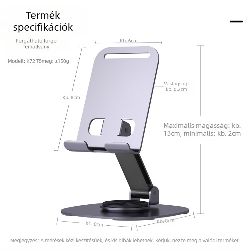 Asztali mobilttelefon-tartó, ötvözetből, 360°-os forgás, hordozható és összecsukható