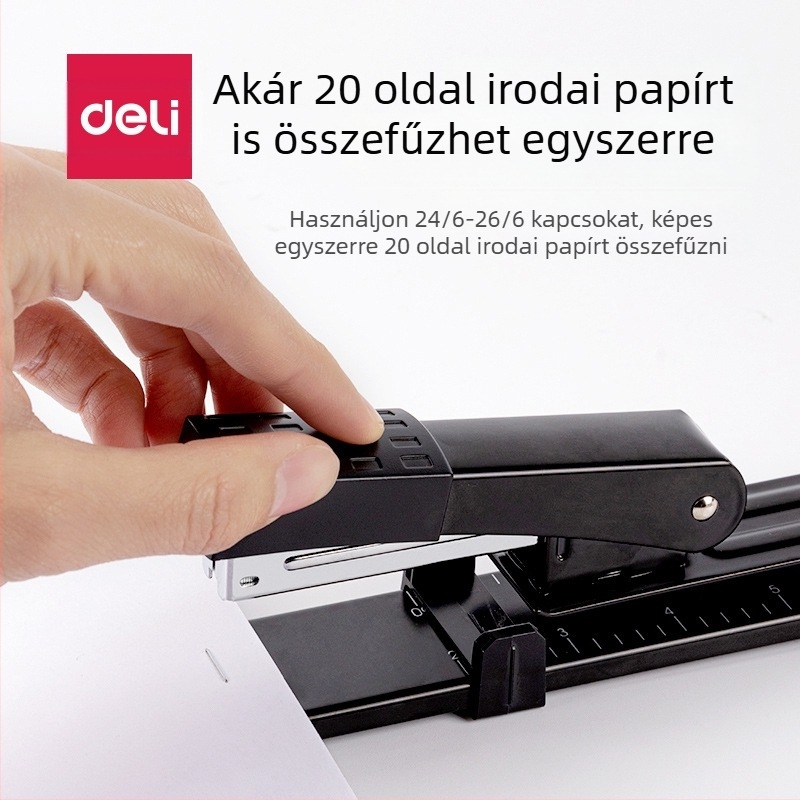 Deli 0334 hosszú karú közepes stapler dokumentumkötéshez, kompatibil 24/6 tűkkel, tűmodell 12, nettó tömeg 1000 g