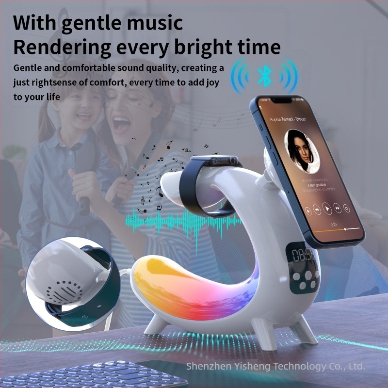 6-in-1 éjjeli lámpa Bluetooth hangszóróval és vezeték nélküli töltéssel (beépített akkumulátor, PVC lámpabura, gombos kapcsoló)