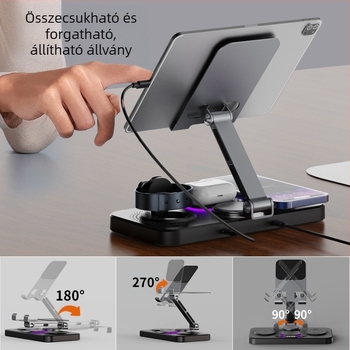 Asztali vezeték nélküli gyors töltő dokk összecsukható forgatható állvánnyal, óra és környezeti fény — hat egyben, MagSafe kompatibilis, QC3.0, 9V3A, 15W maximum