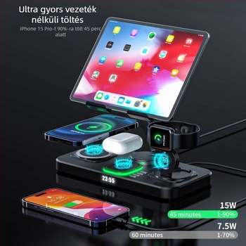 Asztali vezeték nélküli gyors töltő dokk összecsukható forgatható állvánnyal, óra és környezeti fény — hat egyben, MagSafe kompatibilis, QC3.0, 9V3A, 15W maximum