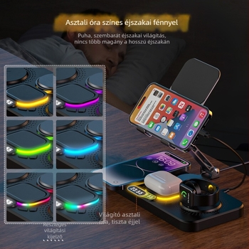 Asztali vezeték nélküli gyors töltő dokk összecsukható forgatható állvánnyal, óra és környezeti fény — hat egyben, MagSafe kompatibilis, QC3.0, 9V3A, 15W maximum