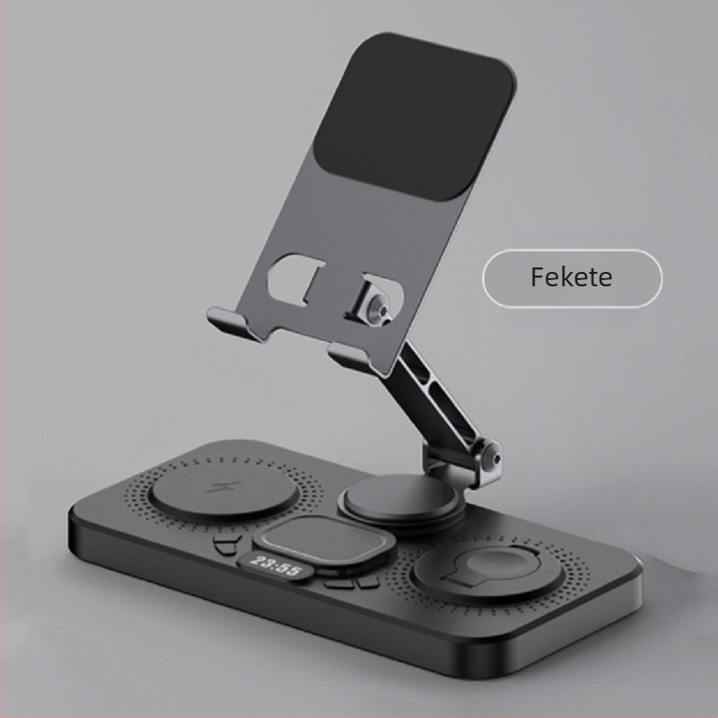 Asztali vezeték nélküli gyors töltő dokk összecsukható forgatható állvánnyal, óra és környezeti fény — hat egyben, MagSafe kompatibilis, QC3.0, 9V3A, 15W maximum