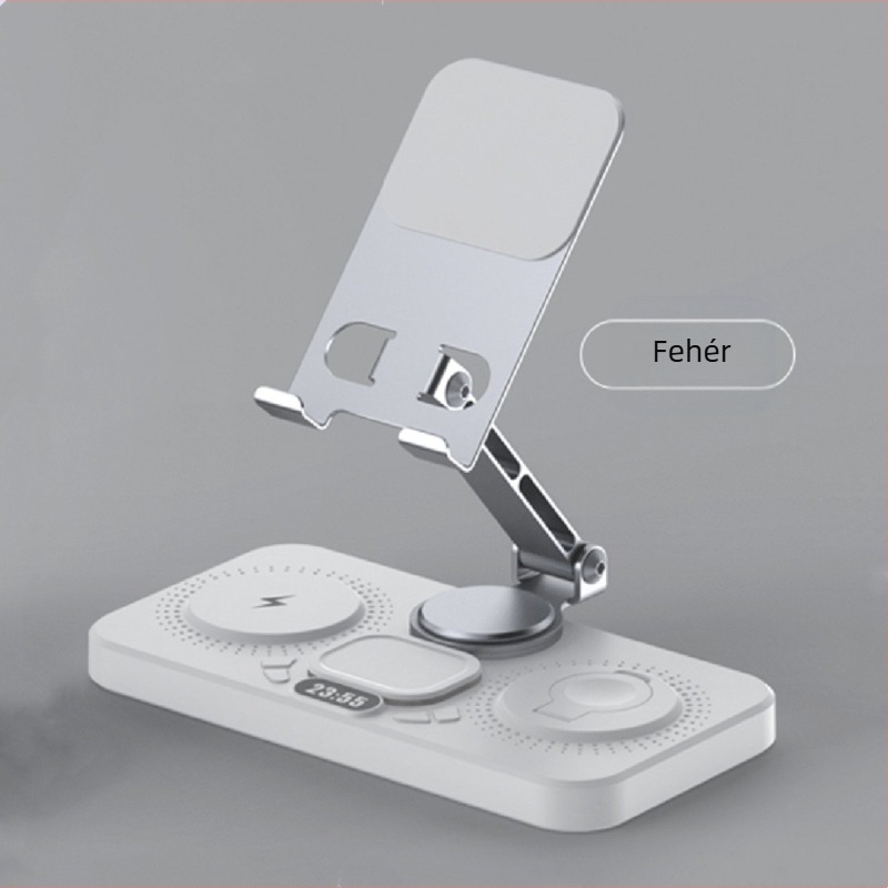 Asztali vezeték nélküli gyors töltő dokk összecsukható forgatható állvánnyal, óra és környezeti fény — hat egyben, MagSafe kompatibilis, QC3.0, 9V3A, 15W maximum