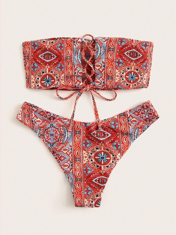 Nyomtatott virágos kétrészes bikini párnázott felsővel, vezeték nélküli, poliészter anyagból