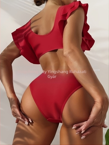 Női magas derékú bikini készlet — egyszínű, mély V-dekoltázs, nyitott hátsó rész, szorosan illeszkedő fazon, melltartó párnákkal; nejlon 80/20, poliészter bélés 80/20
