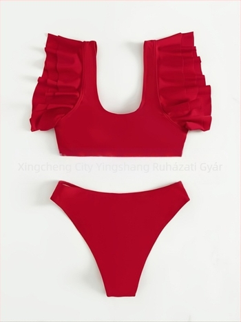 Női magas derékú bikini készlet — egyszínű, mély V-dekoltázs, nyitott hátsó rész, szorosan illeszkedő fazon, melltartó párnákkal; nejlon 80/20, poliészter bélés 80/20