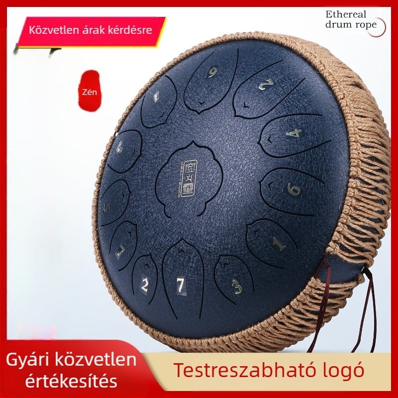Acél nyelvű dob rózsafával, 13 hang, él körül tekeredő zsinór, kézzel készített kenderzsinór