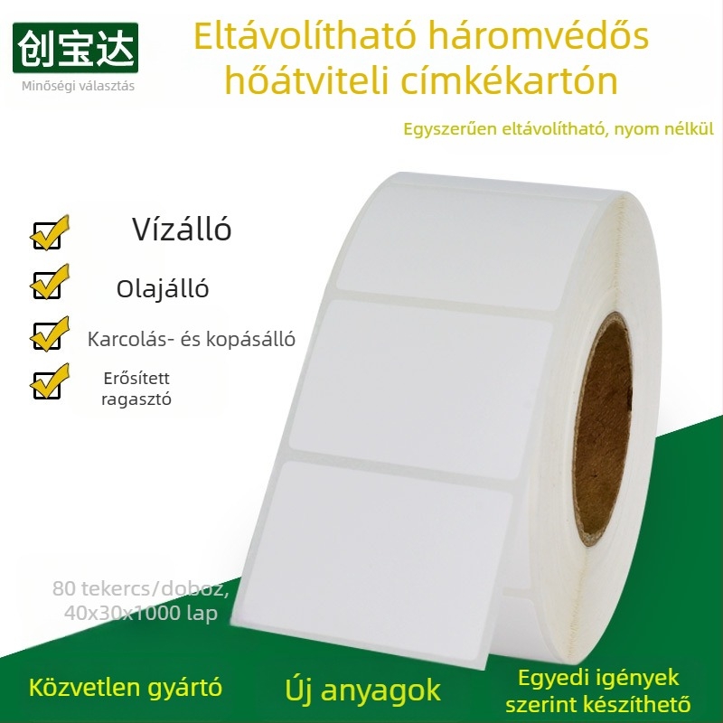 Eltávolítható termoszalag címke papír; eltávolítható ragasztó; fehér rácsos hátlap; vastagság 0,075 mm; hőállóság 65 °C-ig