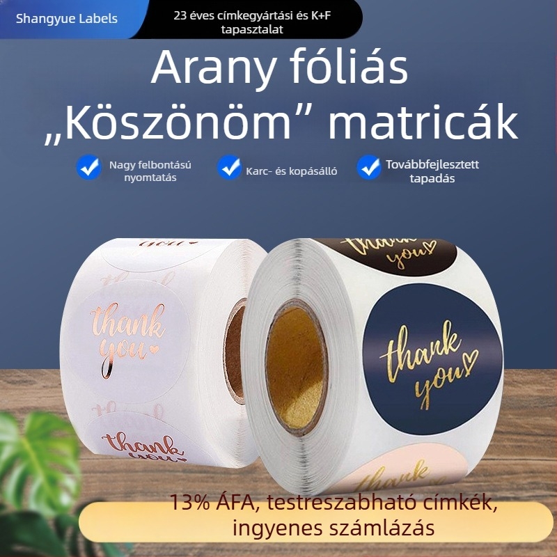 Színes öntapadós címke tekercs kör alakú, aranyozott 'Thank You' matricákkal, borítékokhoz és ajándékokhoz