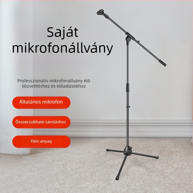 Padlóra álló mikrofonállvány, állítható magasságú, háromlábú alap, színpadi előadásokhoz és felvételekhez