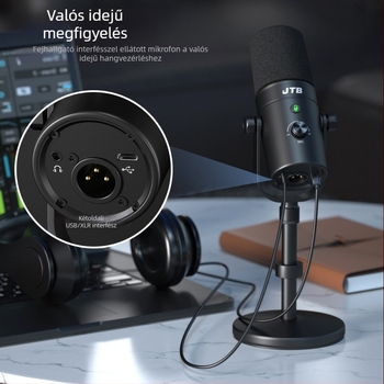 JTB professzionális dinamikus mikrofon zajcsökkentéssel, valós idejű monitorozás videó élő közvetítéshez, USB/XLR kettős interfész, SNR ≥ 85 dB