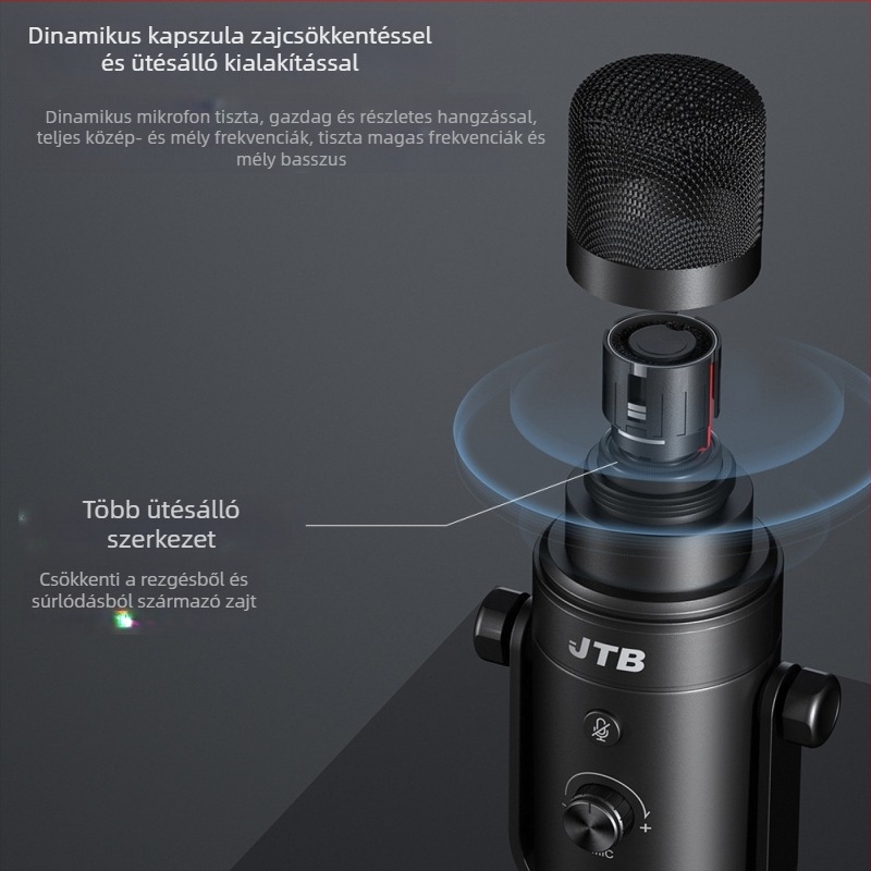 JTB professzionális dinamikus mikrofon zajcsökkentéssel, valós idejű monitorozás videó élő közvetítéshez, USB/XLR kettős interfész, SNR ≥ 85 dB
