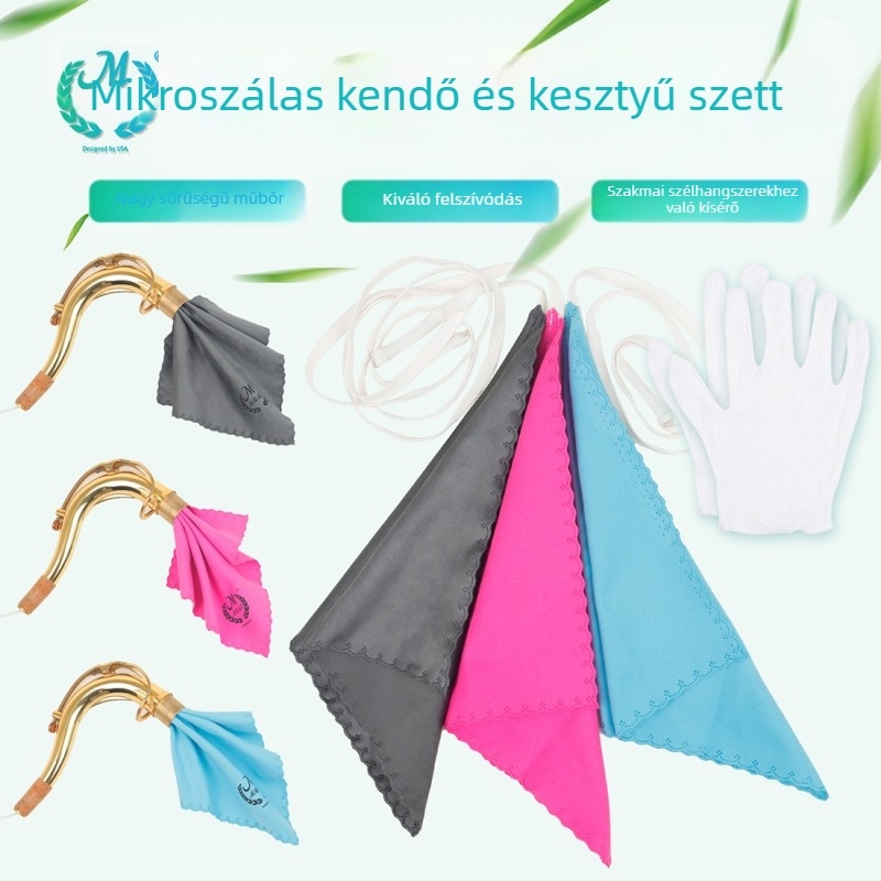 Négy darabos zenei hangszer tisztító készlet – modell TZ-55; anyag: velúrhatású pamut és pamut; csomagolás: opp; alkalmas szaxofonra, gitárra és hegedűre
