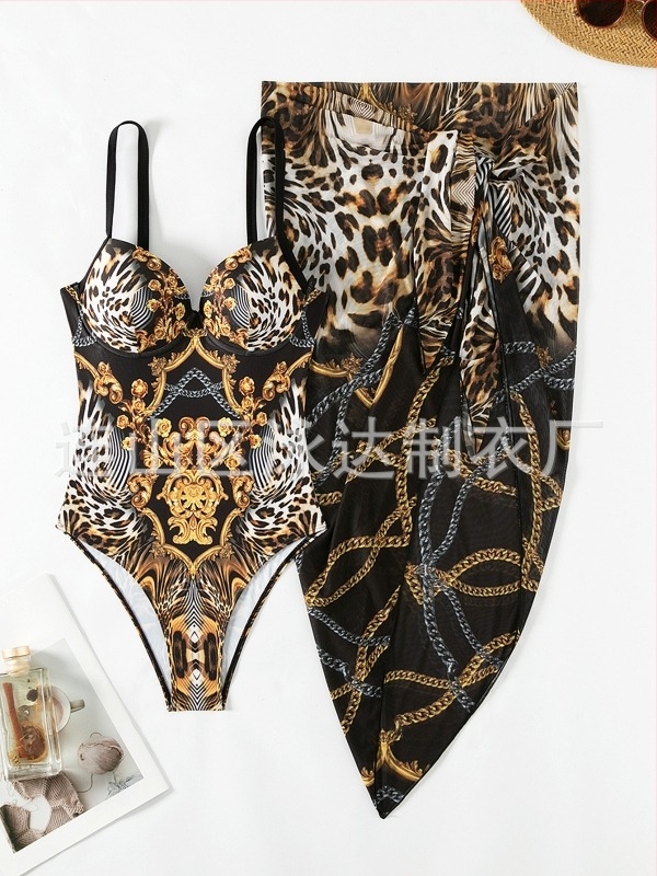 Szoknya-stílusú bikini szett keresztpántokkal és acélmell-támasz-szívvel, retro mintás poliészter úszóruha, nagy rugalmasság