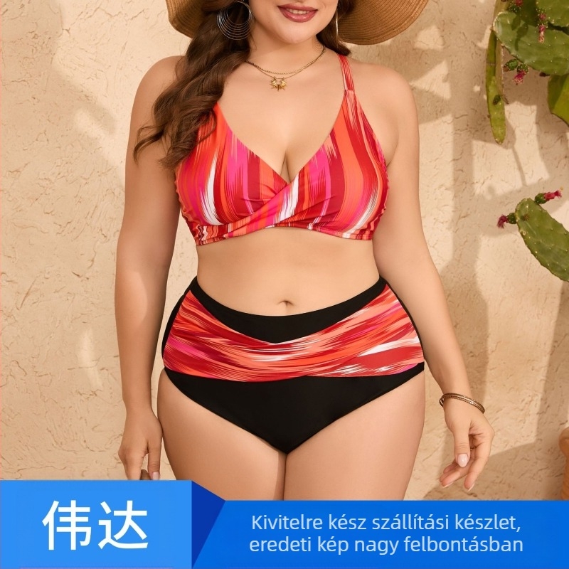 Női csíkos poliészter keresztvállú bikini párnázott felsővel, két részes