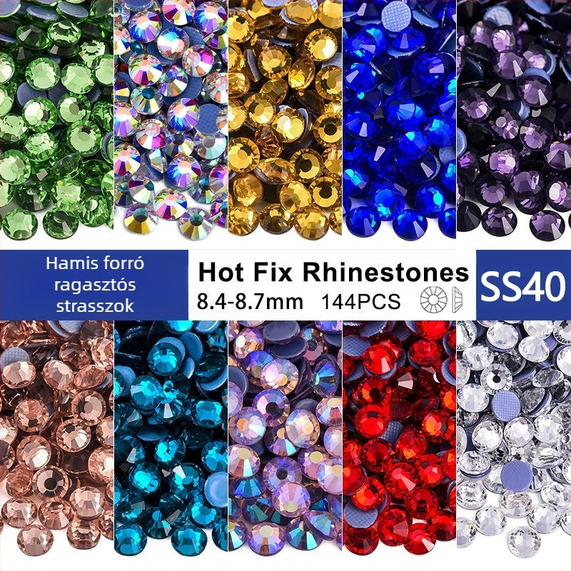 Rhinestone, üveg/üveges felület, elektroplating; gépi préselés kompatibilis, ragasztó használható