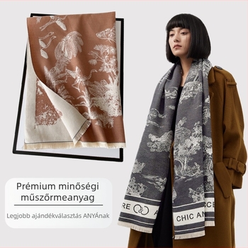 Kötött sál, imitált kasmírral és tájmintával, meleg téli kiegészítő
