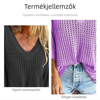 Női üreges mintázatú kötött pulóver V-nyakkal, laza szabás, 3/4 ujj, viszkóz rostból készült kötött