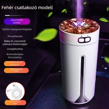 Autóba szerelhető USB aromaterápiás párásító, 0,5 L tartály, 1 permetezőnyílás, kerek dizájn