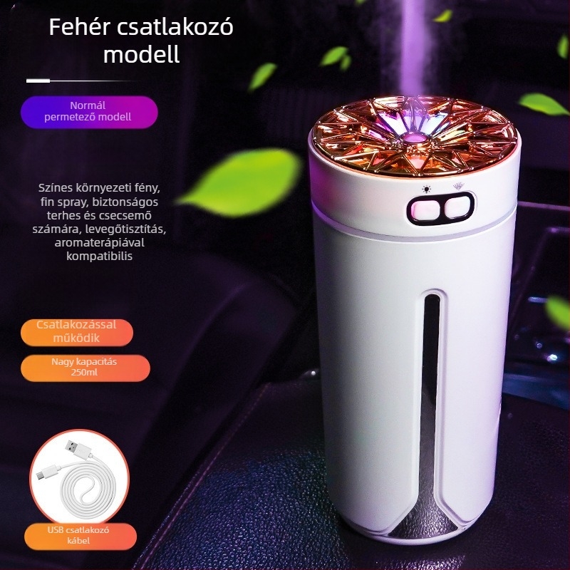 Autóba szerelhető USB aromaterápiás párásító, 0,5 L tartály, 1 permetezőnyílás, kerek dizájn