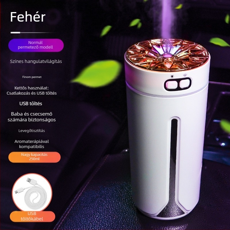 Autóba szerelhető USB aromaterápiás párásító, 0,5 L tartály, 1 permetezőnyílás, kerek dizájn