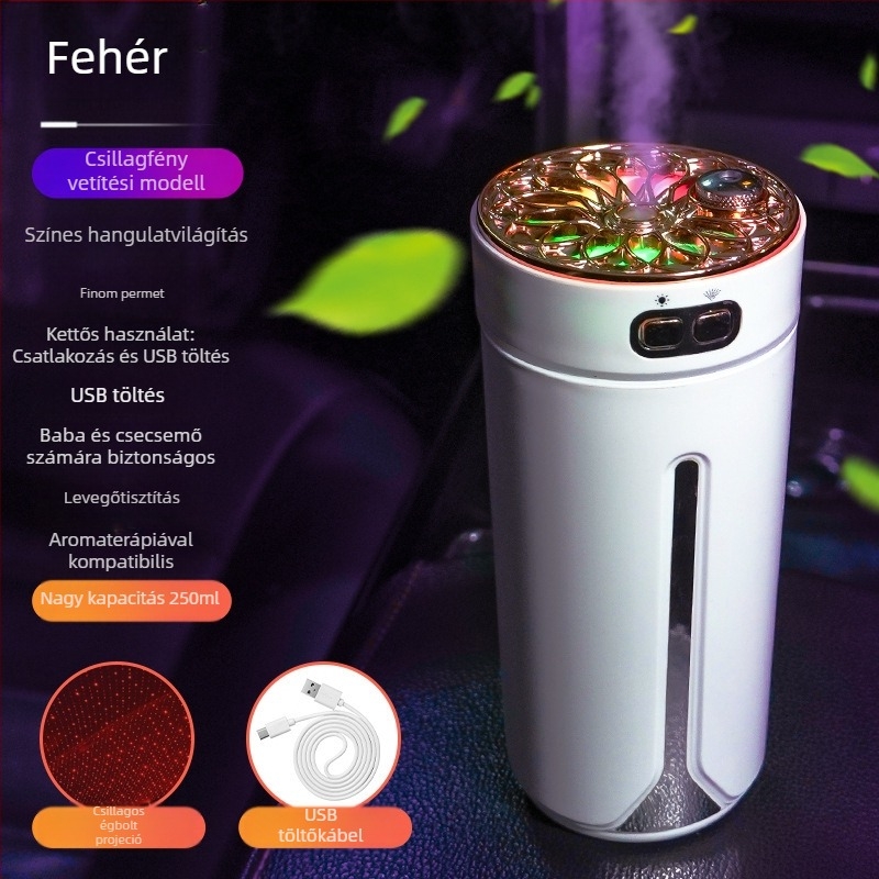 Autóba szerelhető USB aromaterápiás párásító, 0,5 L tartály, 1 permetezőnyílás, kerek dizájn