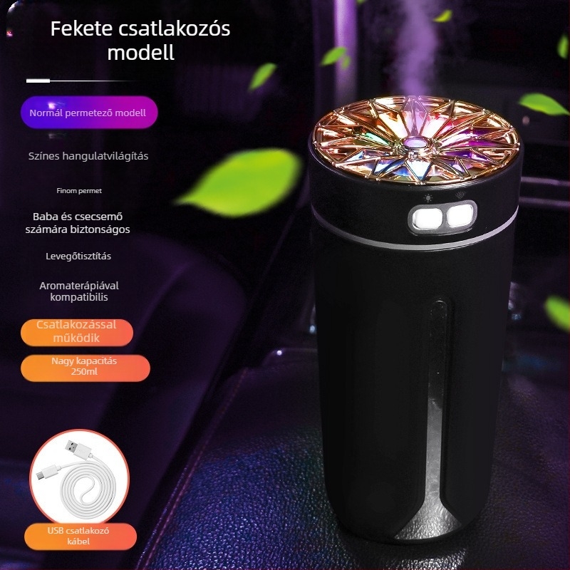 Autóba szerelhető USB aromaterápiás párásító, 0,5 L tartály, 1 permetezőnyílás, kerek dizájn