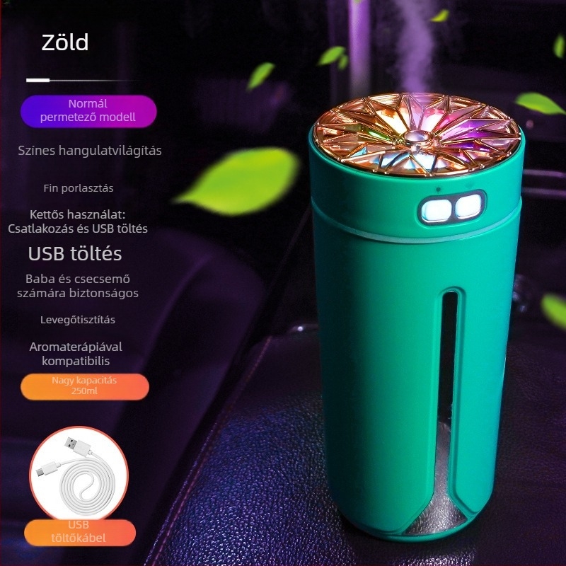 Autóba szerelhető USB aromaterápiás párásító, 0,5 L tartály, 1 permetezőnyílás, kerek dizájn