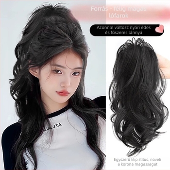 Póthaj paróka hőálló rostokból, közép-hosszú‑hosszú, természetes vízeséses göndör stílus, modell: vízeséses lófarok, nem alkalmas festésre vagy dauerolásra