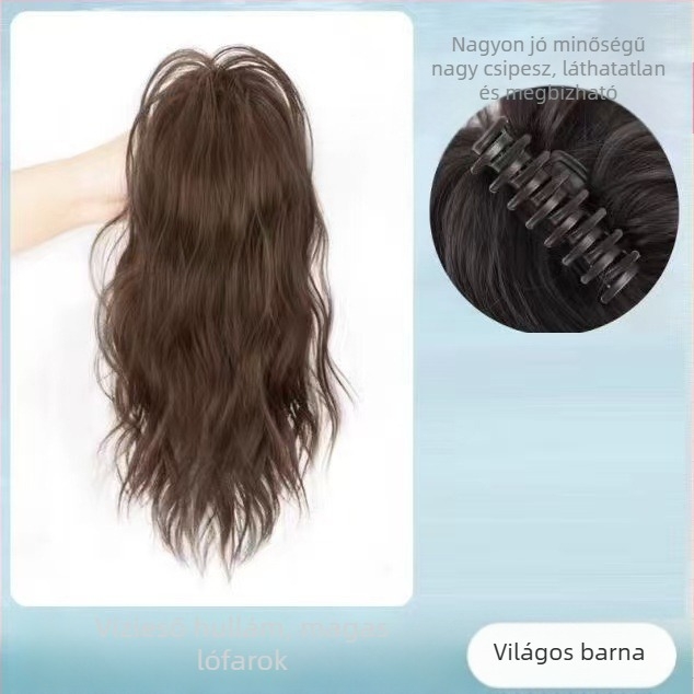 Póthaj paróka hőálló rostokból, közép-hosszú‑hosszú, természetes vízeséses göndör stílus, modell: vízeséses lófarok, nem alkalmas festésre vagy dauerolásra