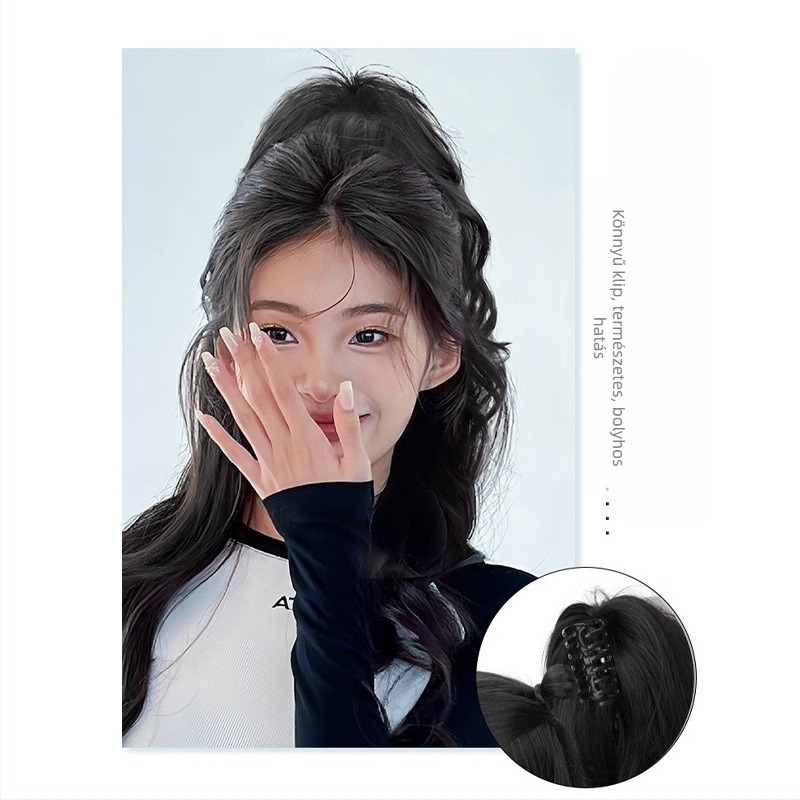 Póthaj paróka hőálló rostokból, közép-hosszú‑hosszú, természetes vízeséses göndör stílus, modell: vízeséses lófarok, nem alkalmas festésre vagy dauerolásra