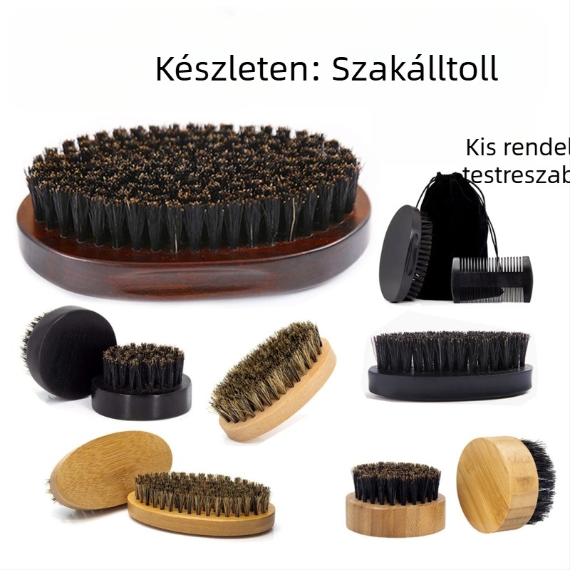 Fából készült ovális alakú kézben tartható szakállkefe sertésszőrrel a szakáll ápolásához