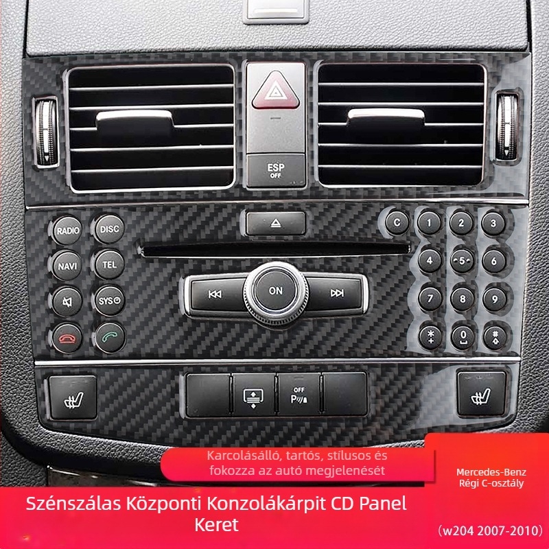Mercedes‑Benz W204 C‑Class (2007–2010) középkonzol CD panel valódi szénszálas anyagból, testre szabható logóval, Guangzhouban gyártva
