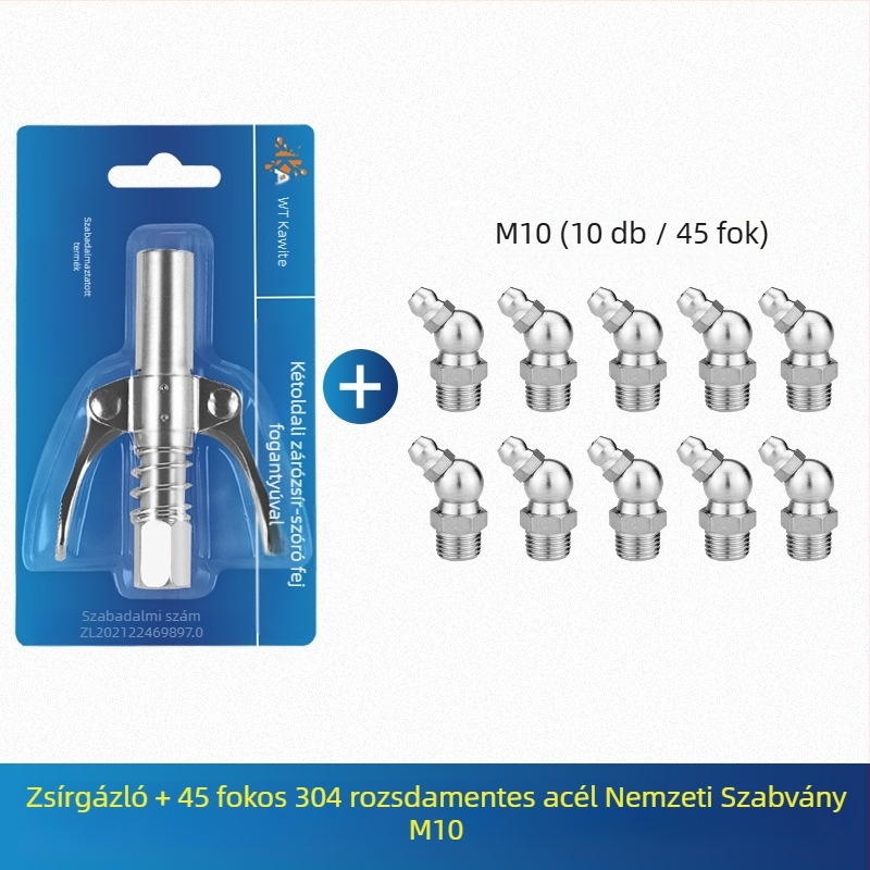 Vajas pisztoly fújófej zárócsíkkal és magasnyomású zsírzófejjel, modell 981, acél kivitel, működő nyomás 21, csőkapacitás 1, nettó tömeg 128 g