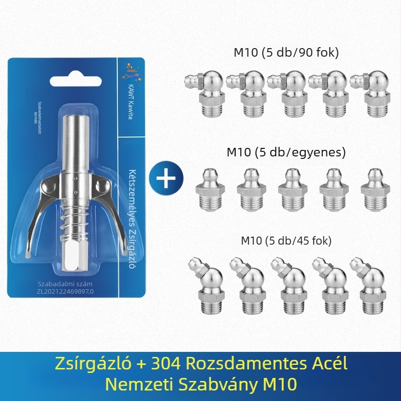 Vajas pisztoly fújófej zárócsíkkal és magasnyomású zsírzófejjel, modell 981, acél kivitel, működő nyomás 21, csőkapacitás 1, nettó tömeg 128 g