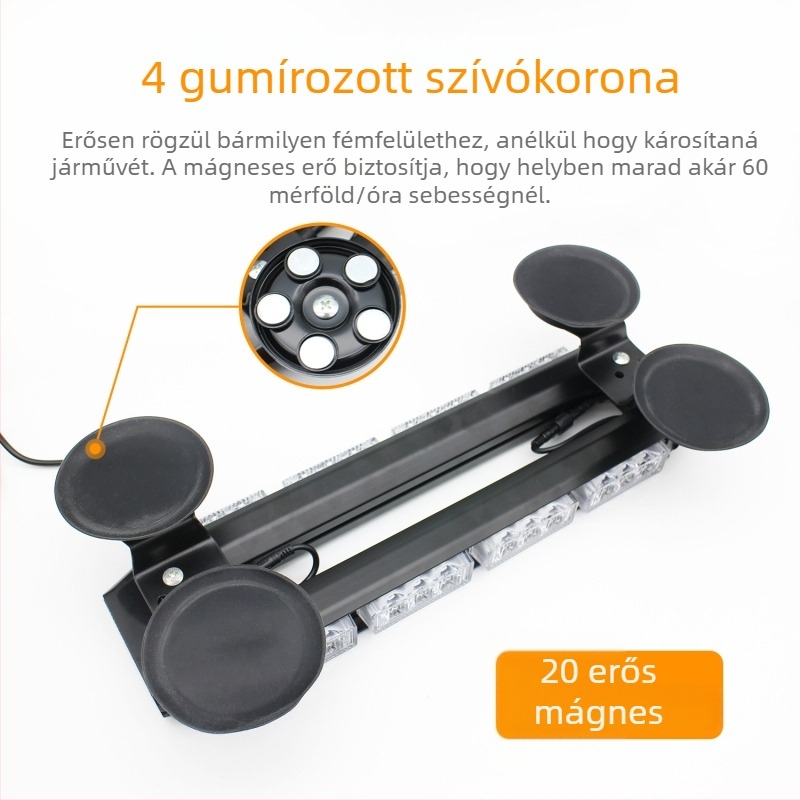 30 LED-es strobe fény autóhoz, figyelmeztető beacon mágneses alapzattal, 30W, 12-24V, alumínium ház