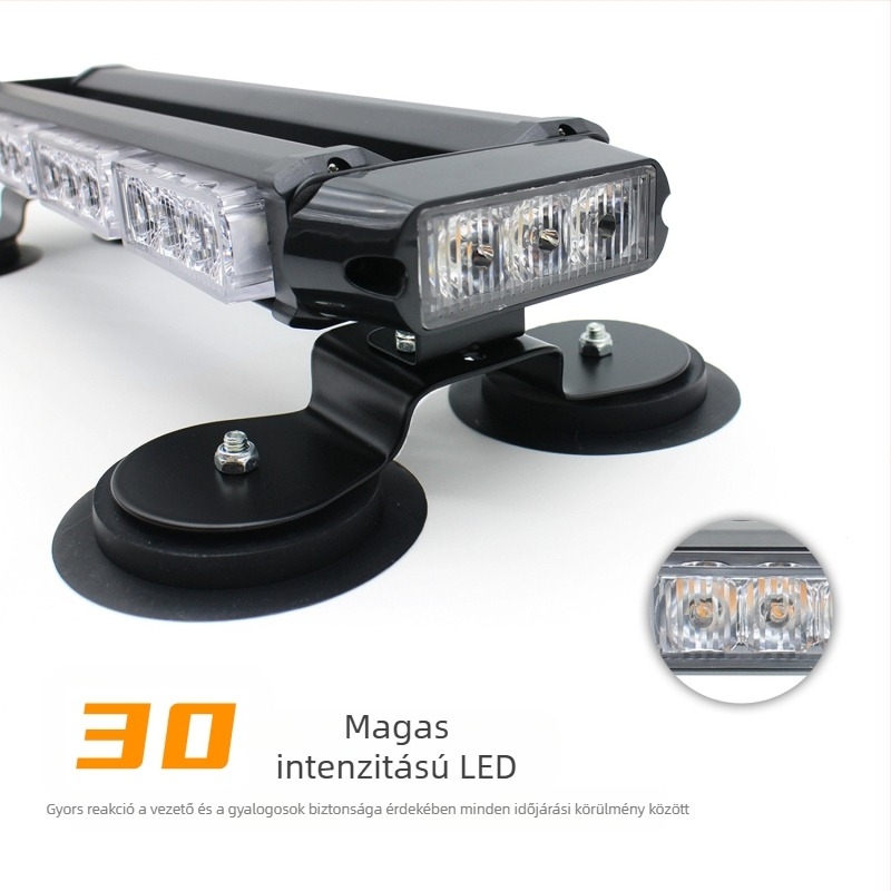30 LED-es strobe fény autóhoz, figyelmeztető beacon mágneses alapzattal, 30W, 12-24V, alumínium ház