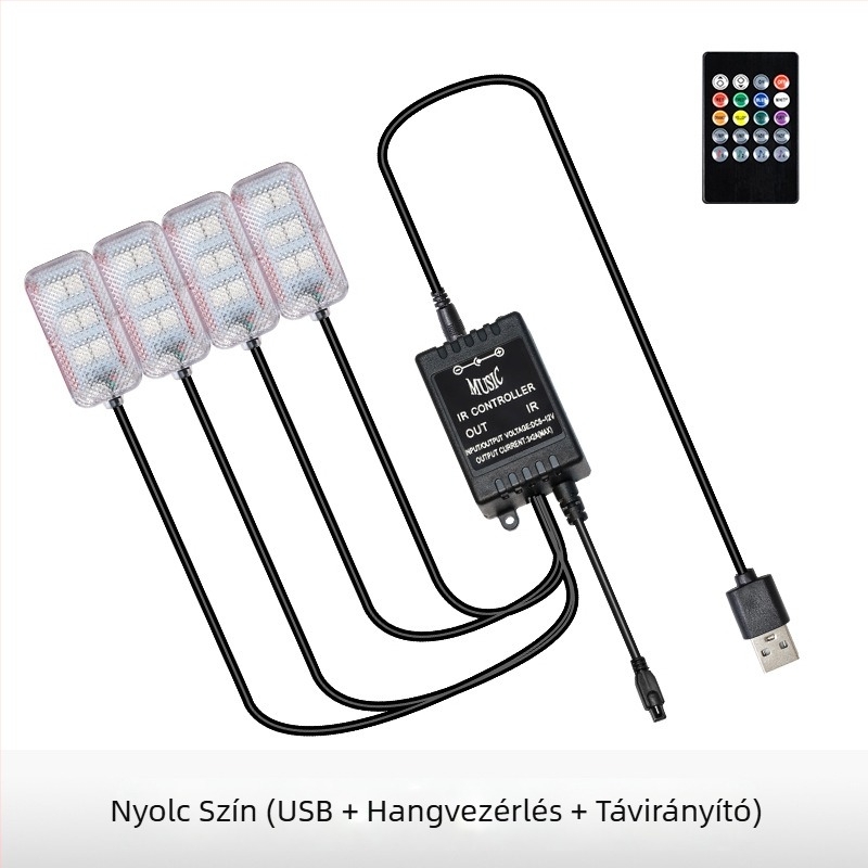 Autó belső LED hangulatfény, USB-tápellátású, 12V, 15W, modell Square Foot Light, univerzális kompatibilitás