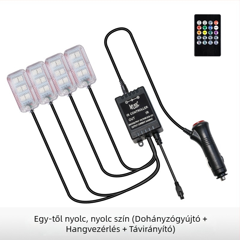 Autó belső LED hangulatfény, USB-tápellátású, 12V, 15W, modell Square Foot Light, univerzális kompatibilitás