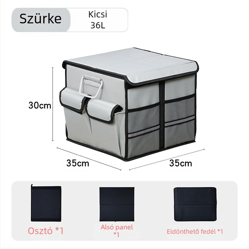 Autócsomagtartó tároló doboz, összecsukható, Oxford anyagból, kapacitás 36L/66L, plug-in telepítés
