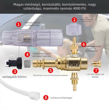 Magasnyomású habspray porlasztó autómosáshoz – rézzel bevont alumínium konstrukció, műanyag; permetezési távolság 2 m; nyomás 276 bar / 4000 psi; tömeg 0,4 kg; méretek 16×13×18 cm