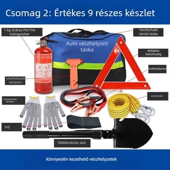 Autóvészhelyzeti készlet tűzoltó készülékkel és elsősegély-készlettel – testreszabható vészhelyzeti csomag