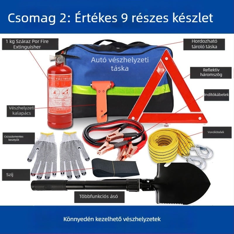 Autóvészhelyzeti készlet tűzoltó készülékkel és elsősegély-készlettel – testreszabható vészhelyzeti csomag