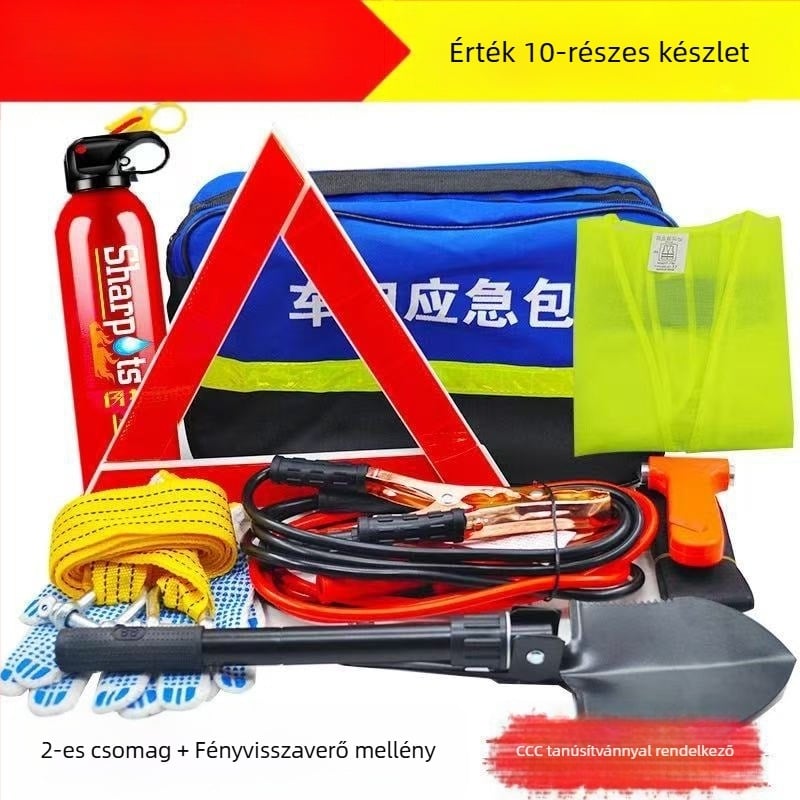 Autóvészhelyzeti készlet tűzoltó készülékkel és elsősegély-készlettel – testreszabható vészhelyzeti csomag